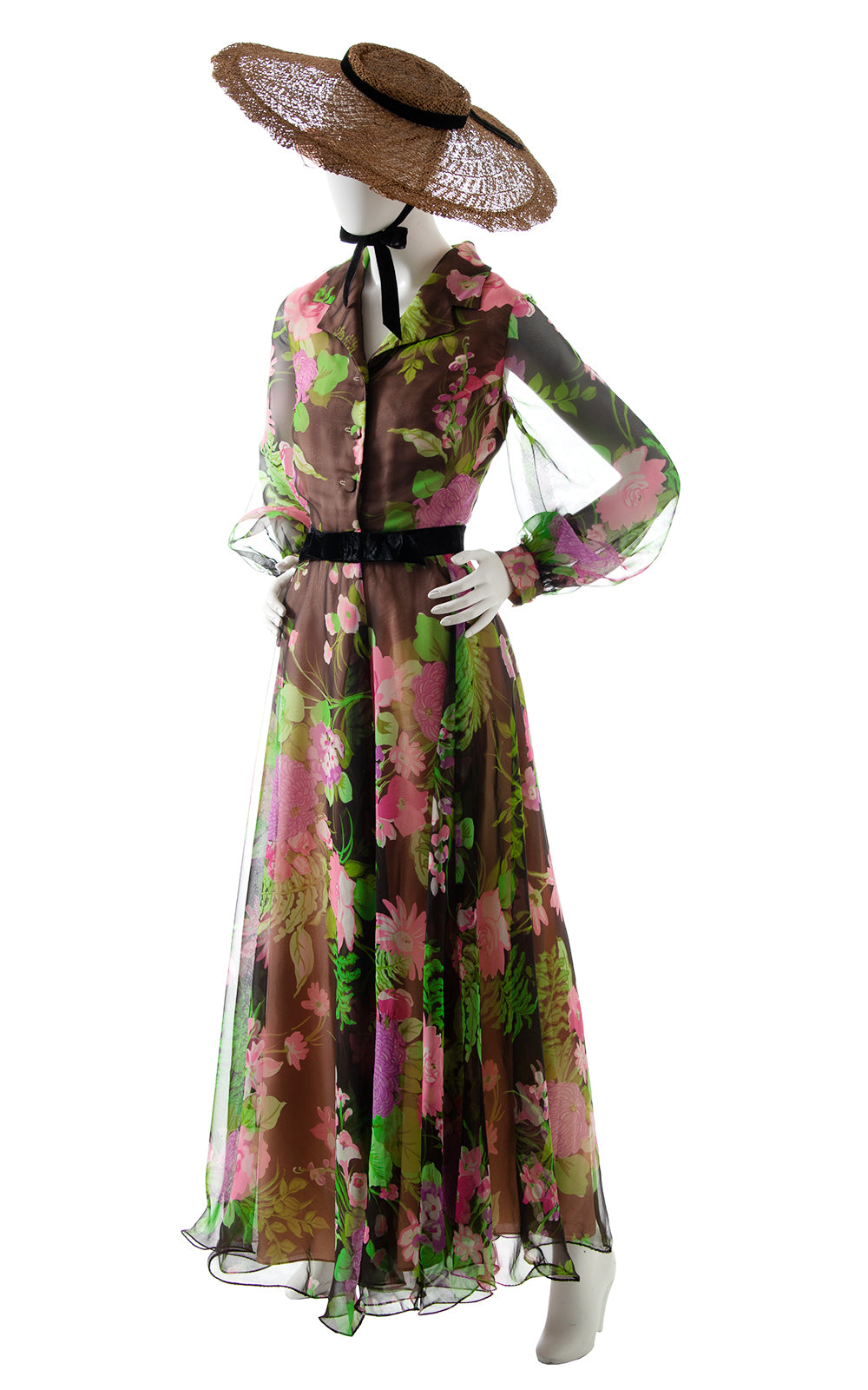 1970s Floral Fern Chiffon Balloon Sleeve Maxi Dress BirthdayLifeVintage