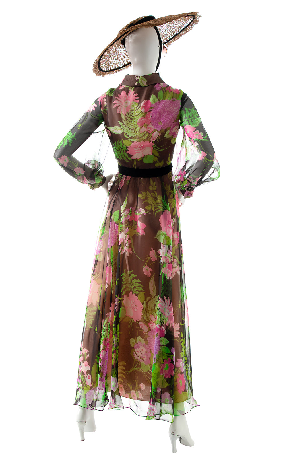 1970s Floral Fern Chiffon Balloon Sleeve Maxi Dress BirthdayLifeVintage