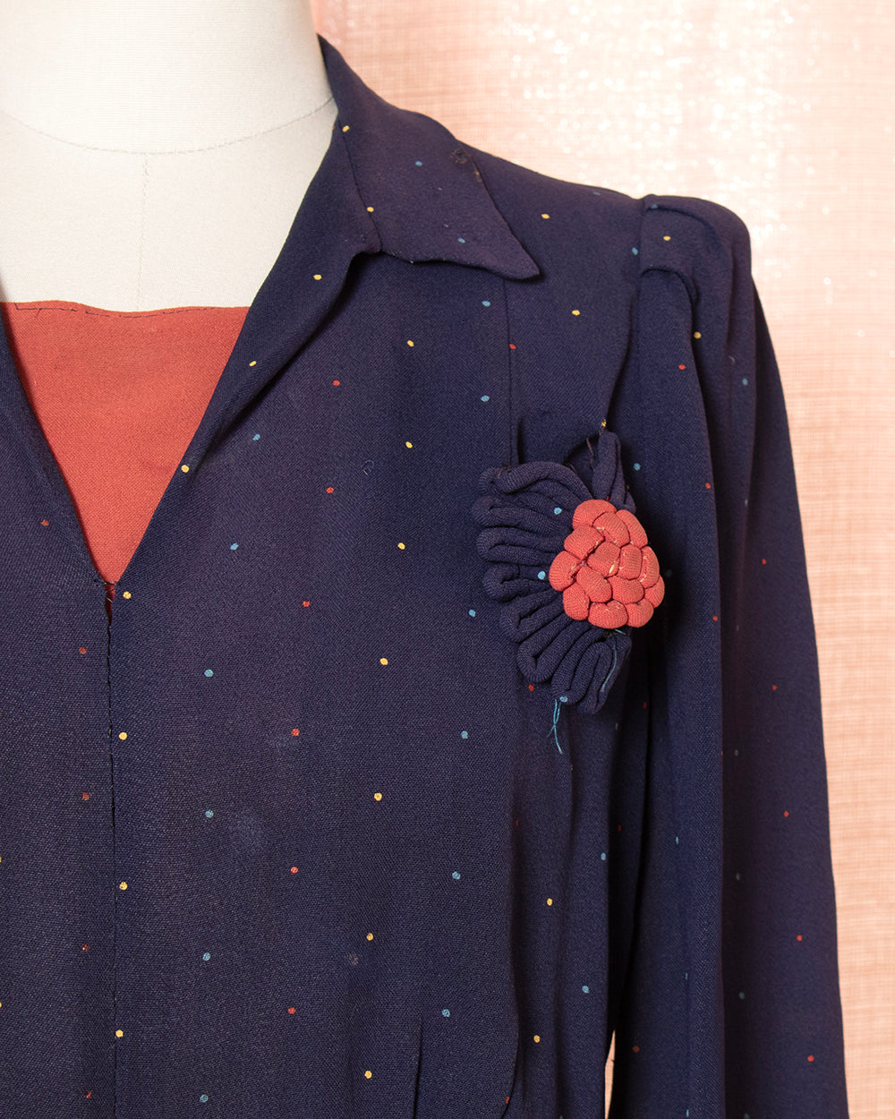 [AS-IS] 1940s Polka Dot Navy Blue Rayon Dress | small