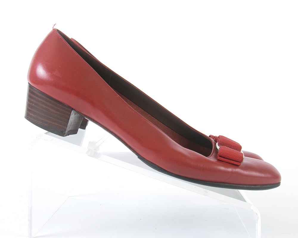 1980s Ferragamo "Vara" Red Leather Flats | size 9