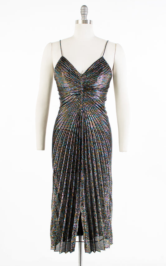 1970s Travilla Style Metallic Rainbow Pleated Party Dress | small/medium