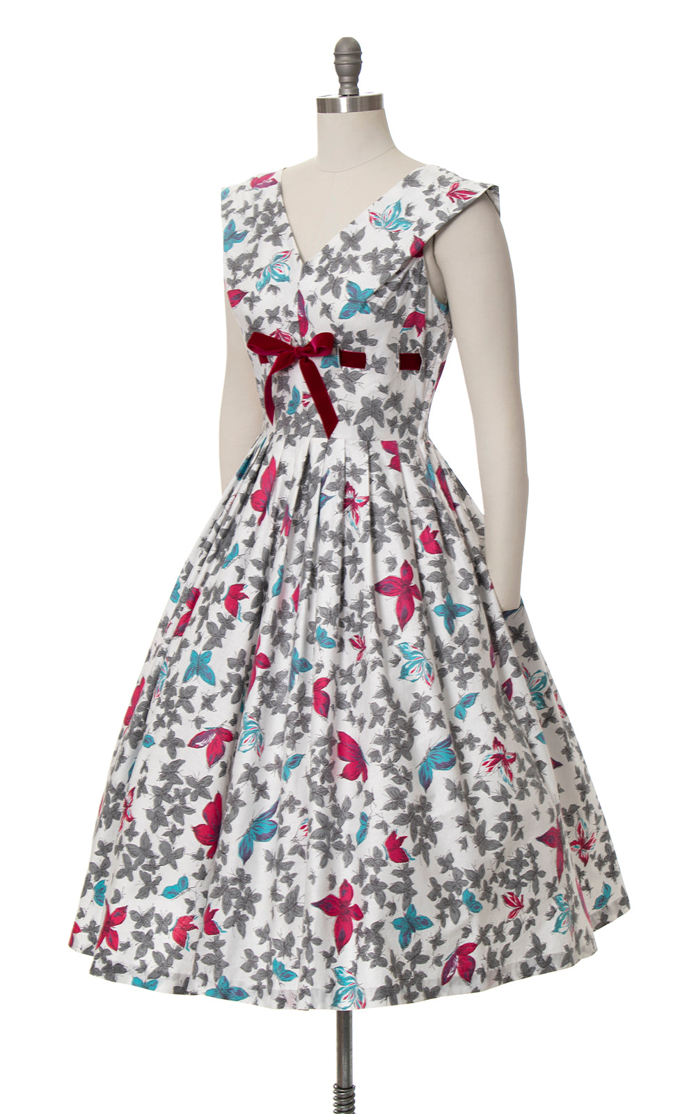 1950s Butterfly Floral Novelty Print Velvet Ribbon Sundress | medium