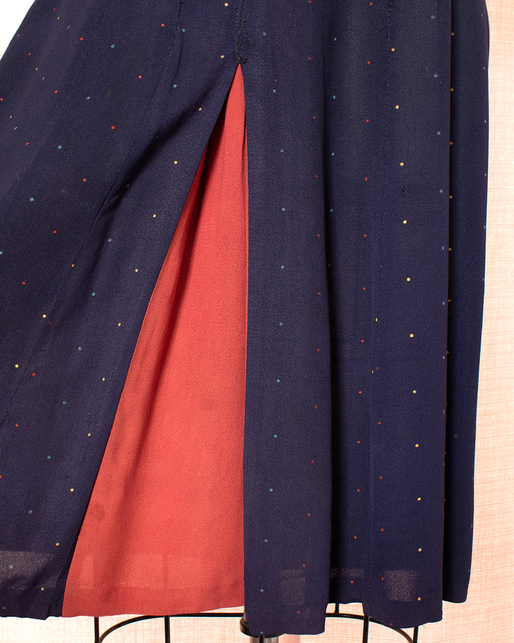 [AS-IS] 1940s Polka Dot Navy Blue Rayon Dress | small