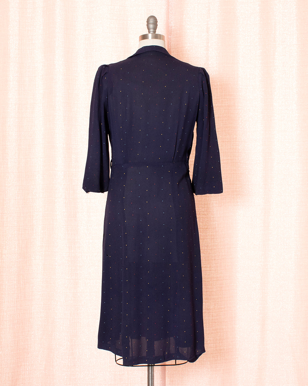 [AS-IS] 1940s Polka Dot Navy Blue Rayon Dress | small
