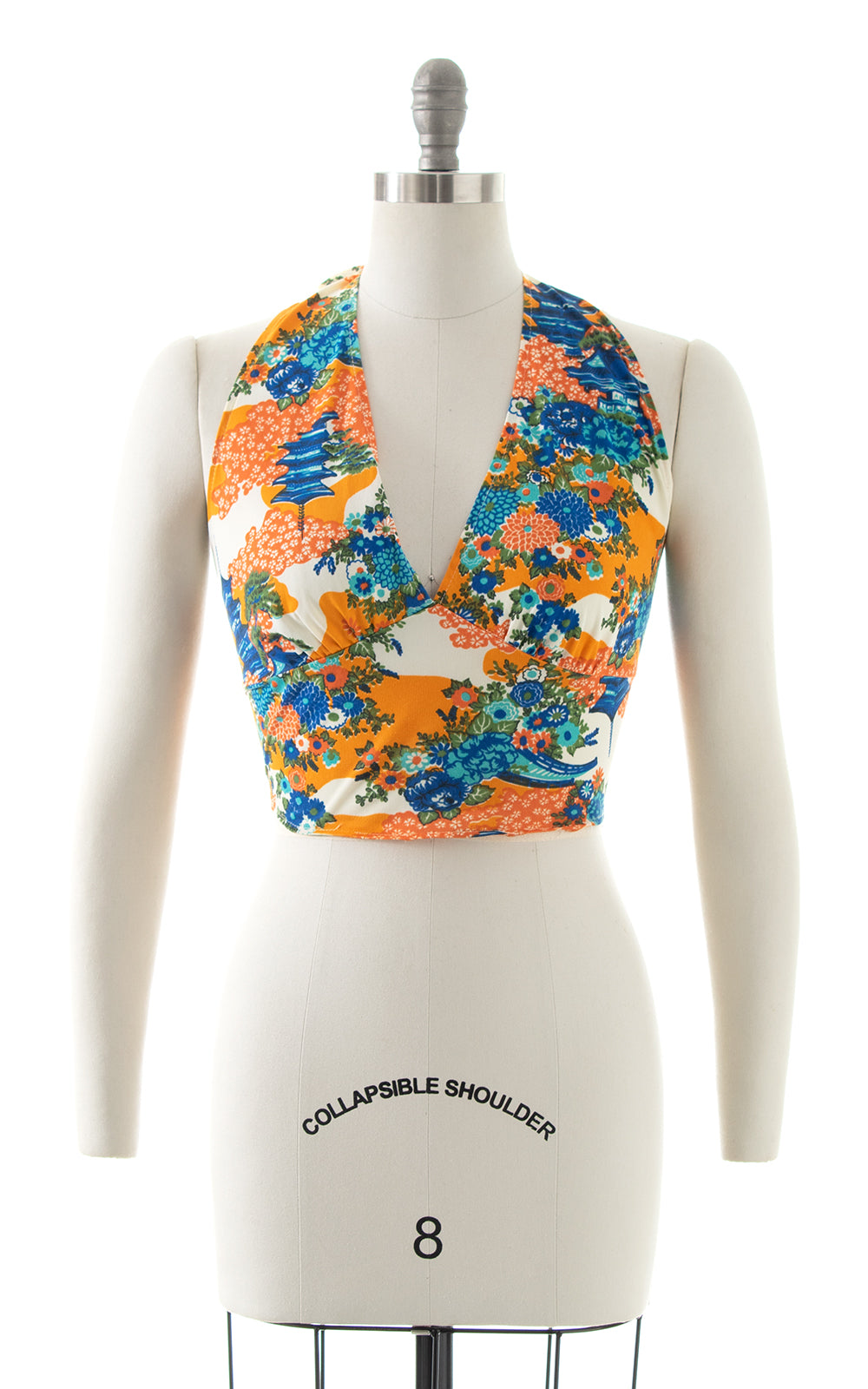 1970s Pagoda Novelty Print Halter Crop Top | small/medium/large