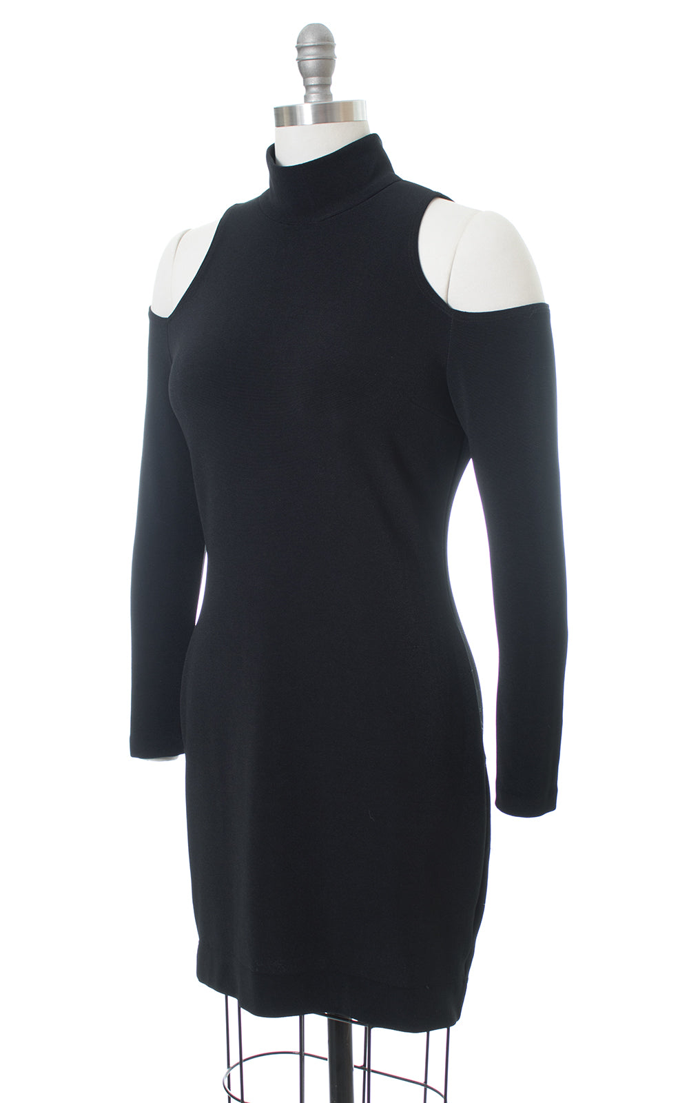 1990s Cold Shoulder Stretchy Black Mini Dress