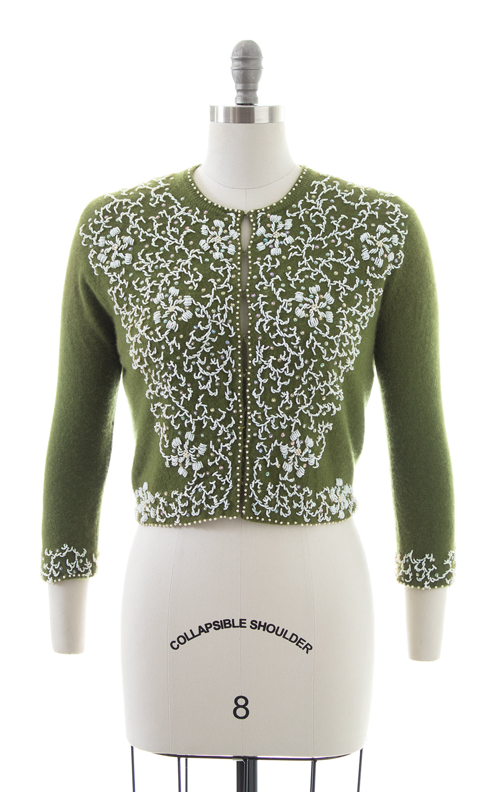 1950s Floral Beaded Green Knit Wool Cardigan