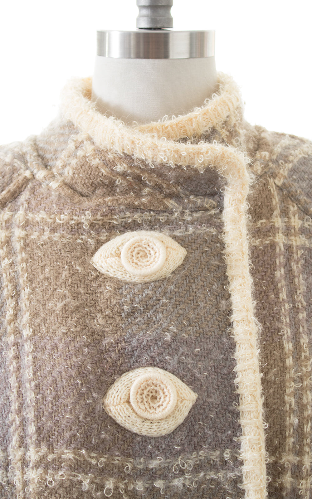 1960s Reversible Bouclé Wool Plaid & Cream Swing Coat