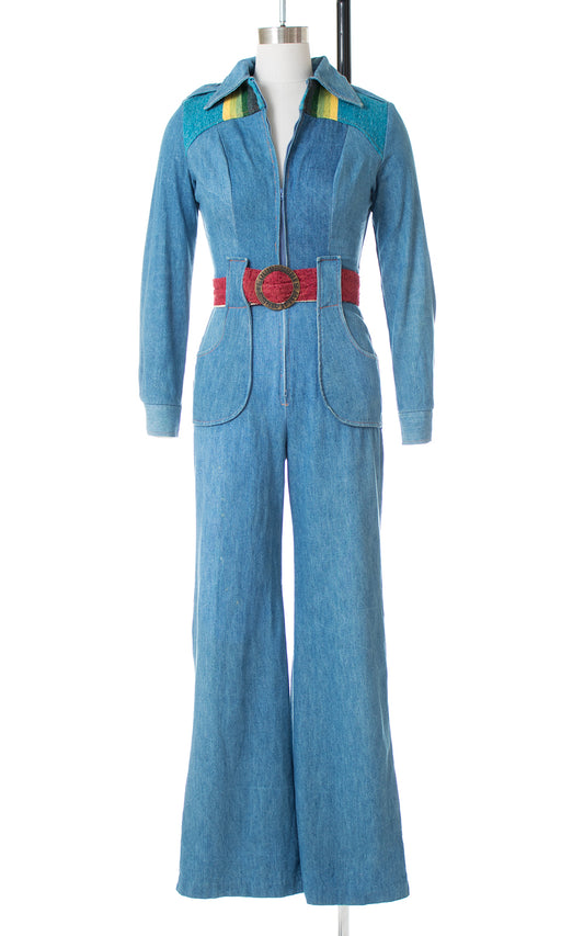 1970s Rainbow Wool & Denim Bell Bottom Jumpsuit