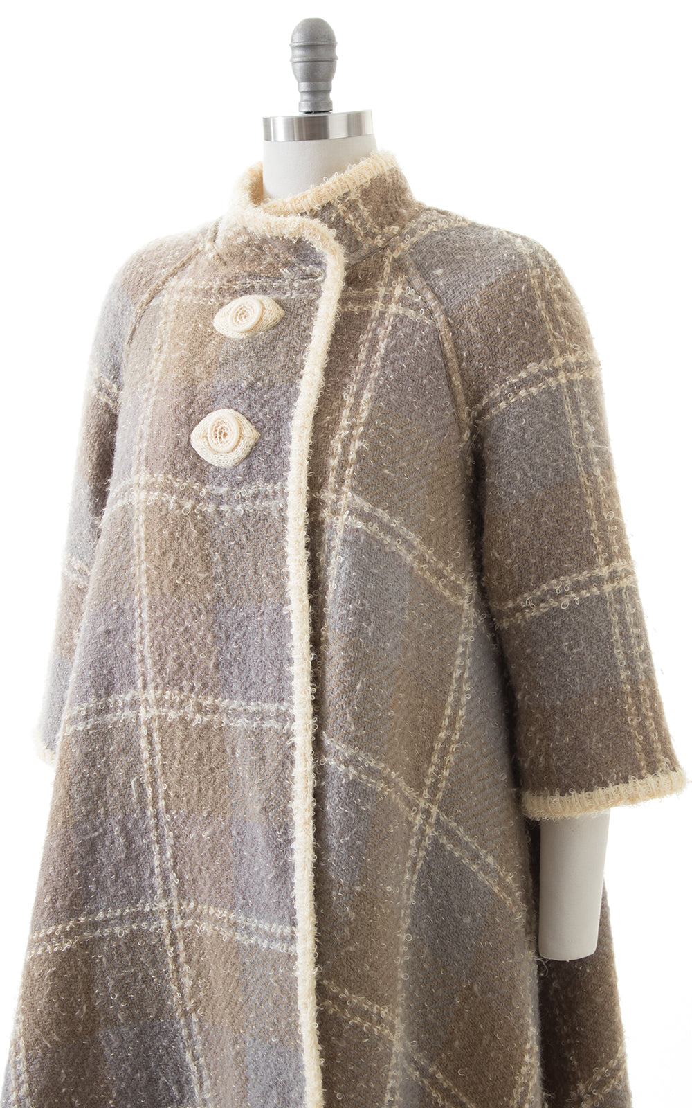 1960s Reversible Bouclé Wool Plaid & Cream Swing Coat