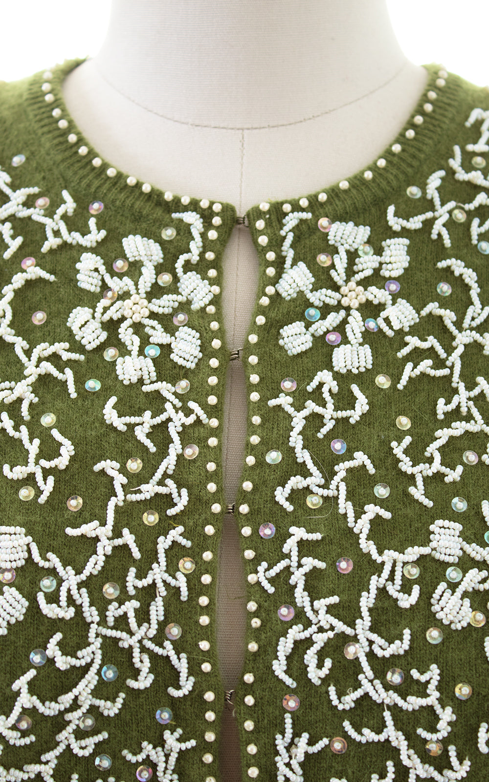 1950s Floral Beaded Green Knit Wool Cardigan