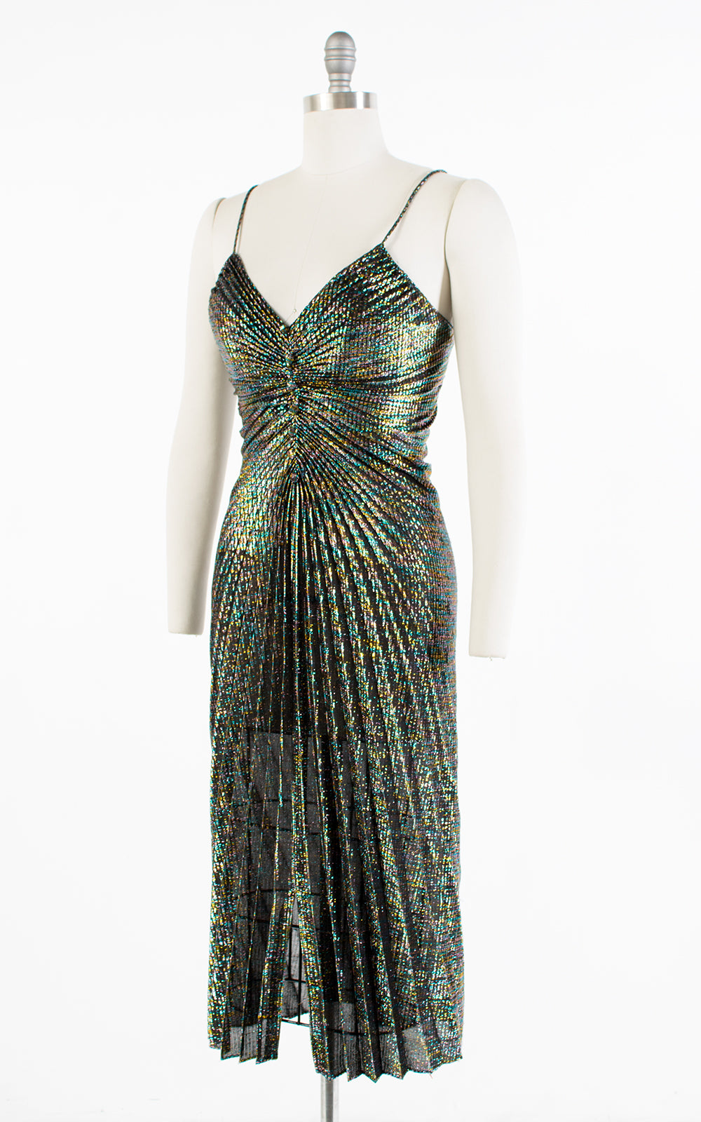 1970s Travilla Style Metallic Rainbow Pleated Party Dress | small/medium