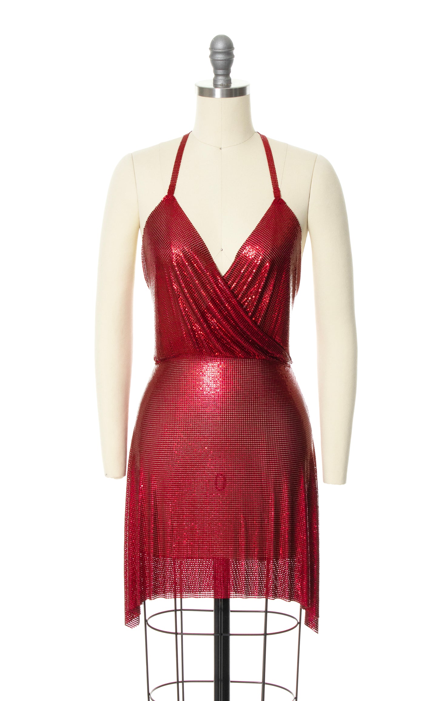 FANNIE SCHIAVONI Red Metal Mesh Mini Dress 1970s 70s Style Designer Couture