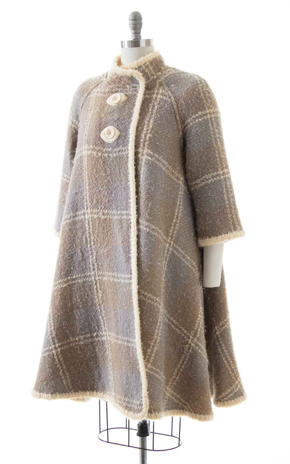 1960s Reversible Bouclé Wool Plaid & Cream Swing Coat