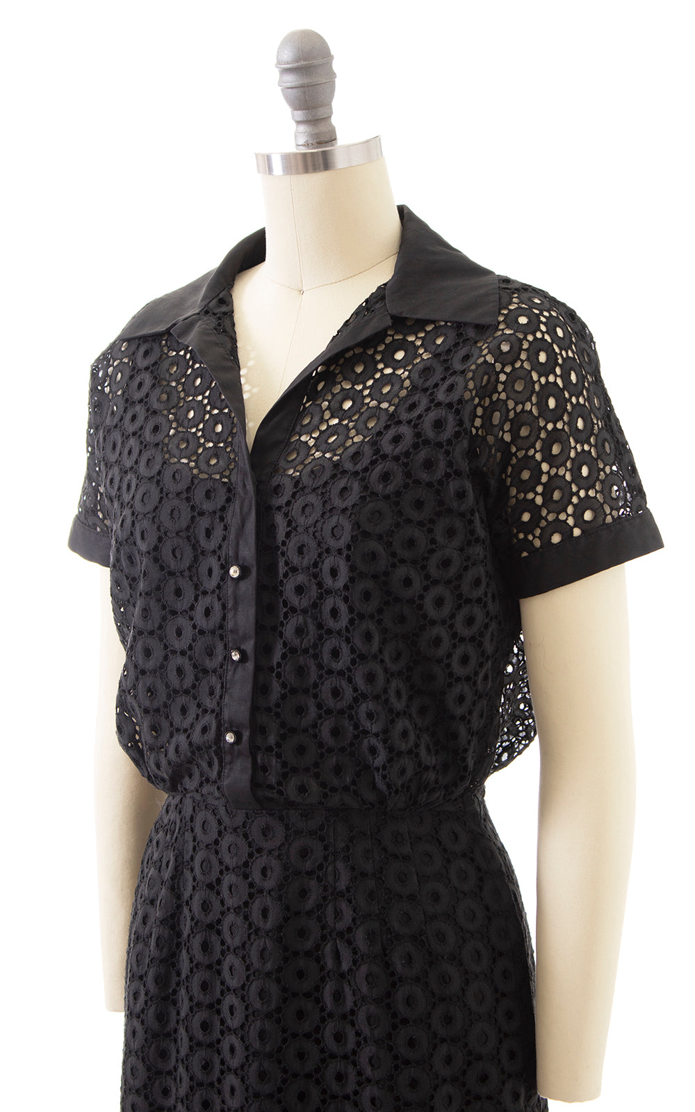 1950s Black Cotton Eyelet Shirtwaist Sheath Dress | small