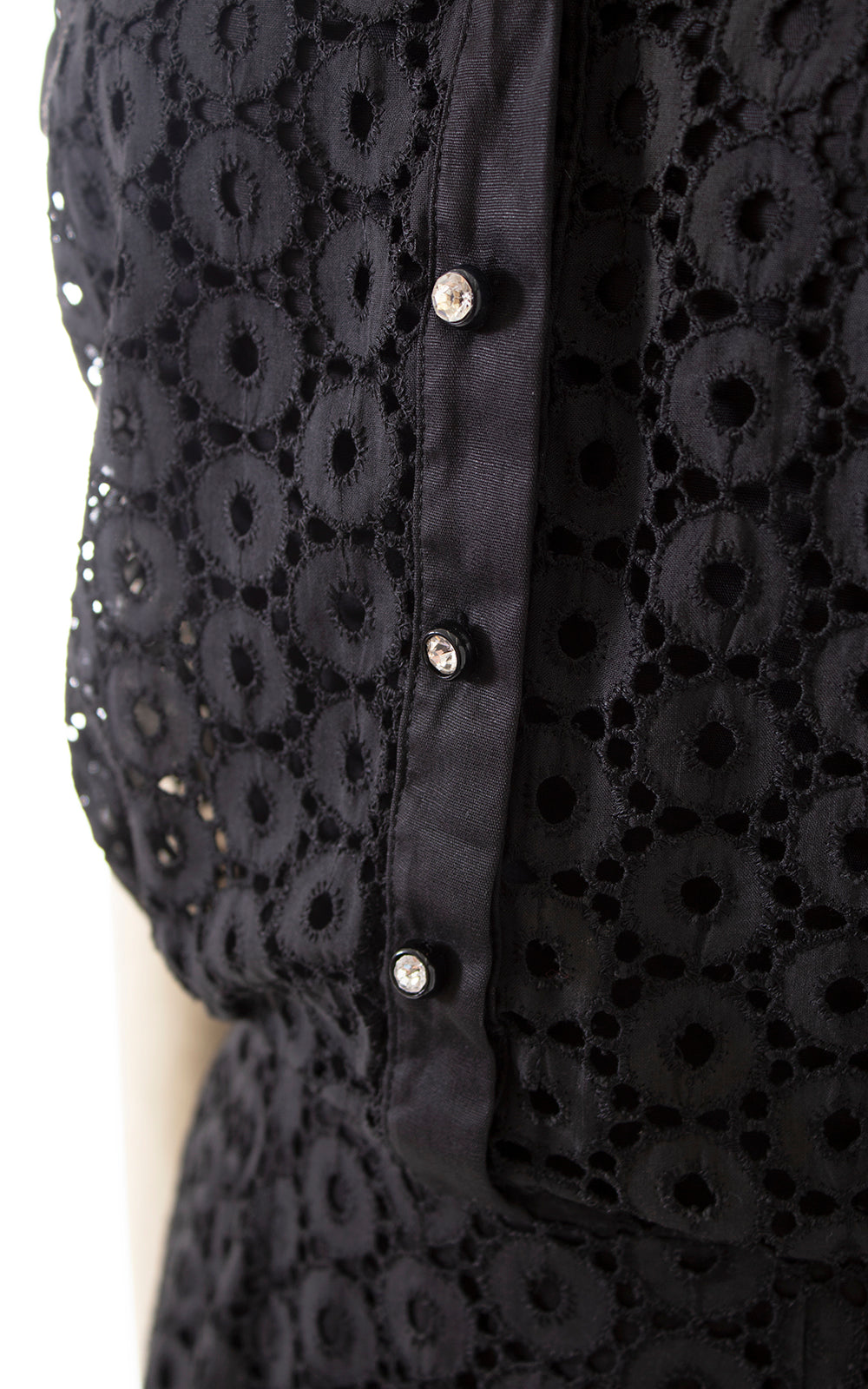 1950s Black Cotton Eyelet Shirtwaist Sheath Dress | small