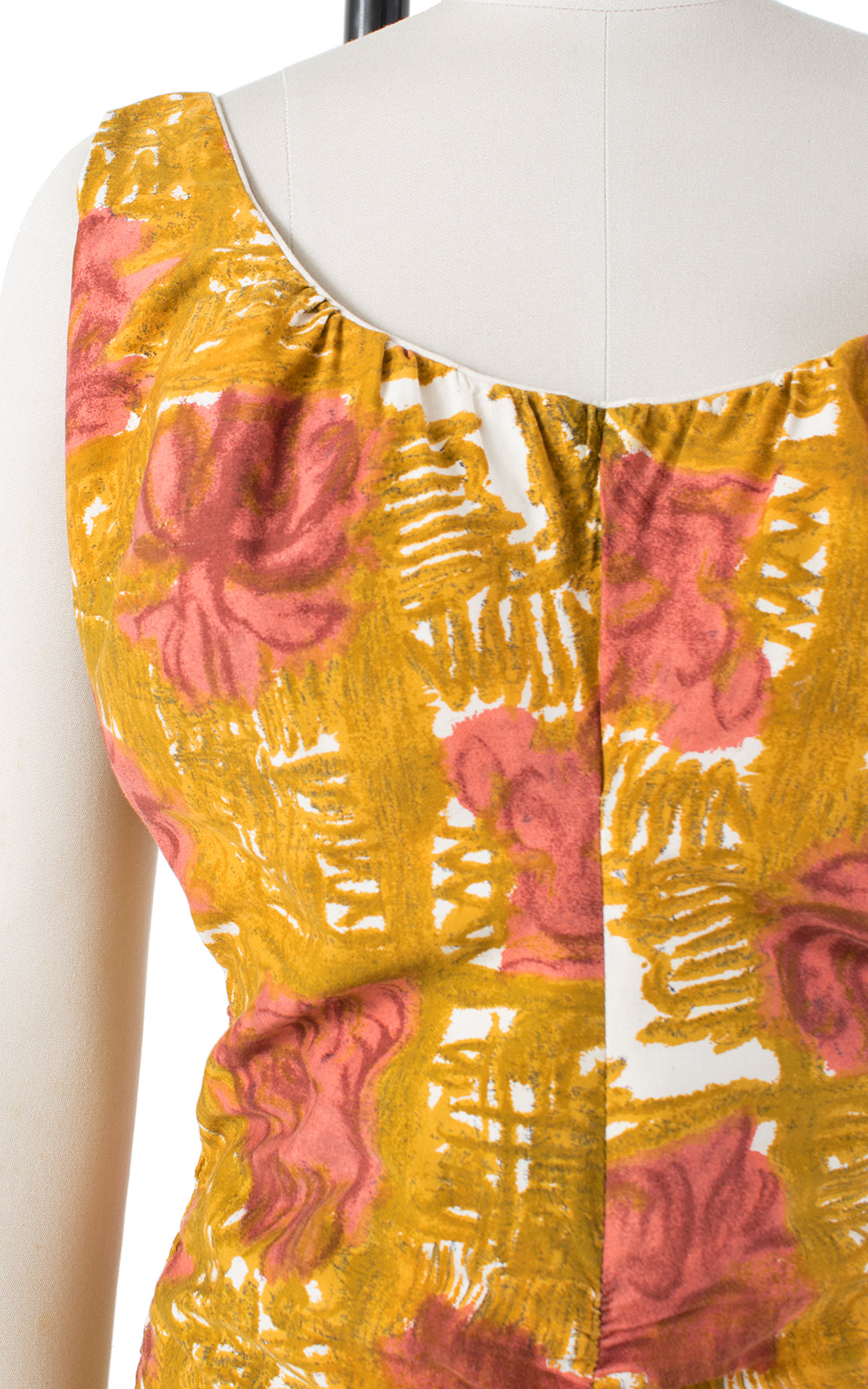 1960s Floral Ruched Smocked Mustard Yellow Swimsuit | medium/large