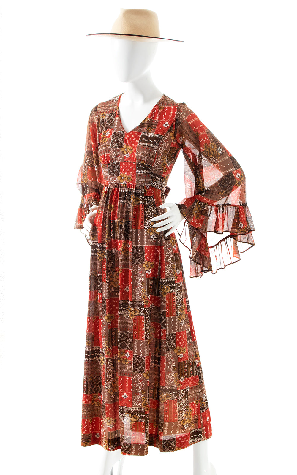 1970s Patchwork Angel Sleeve Maxi Dress | small