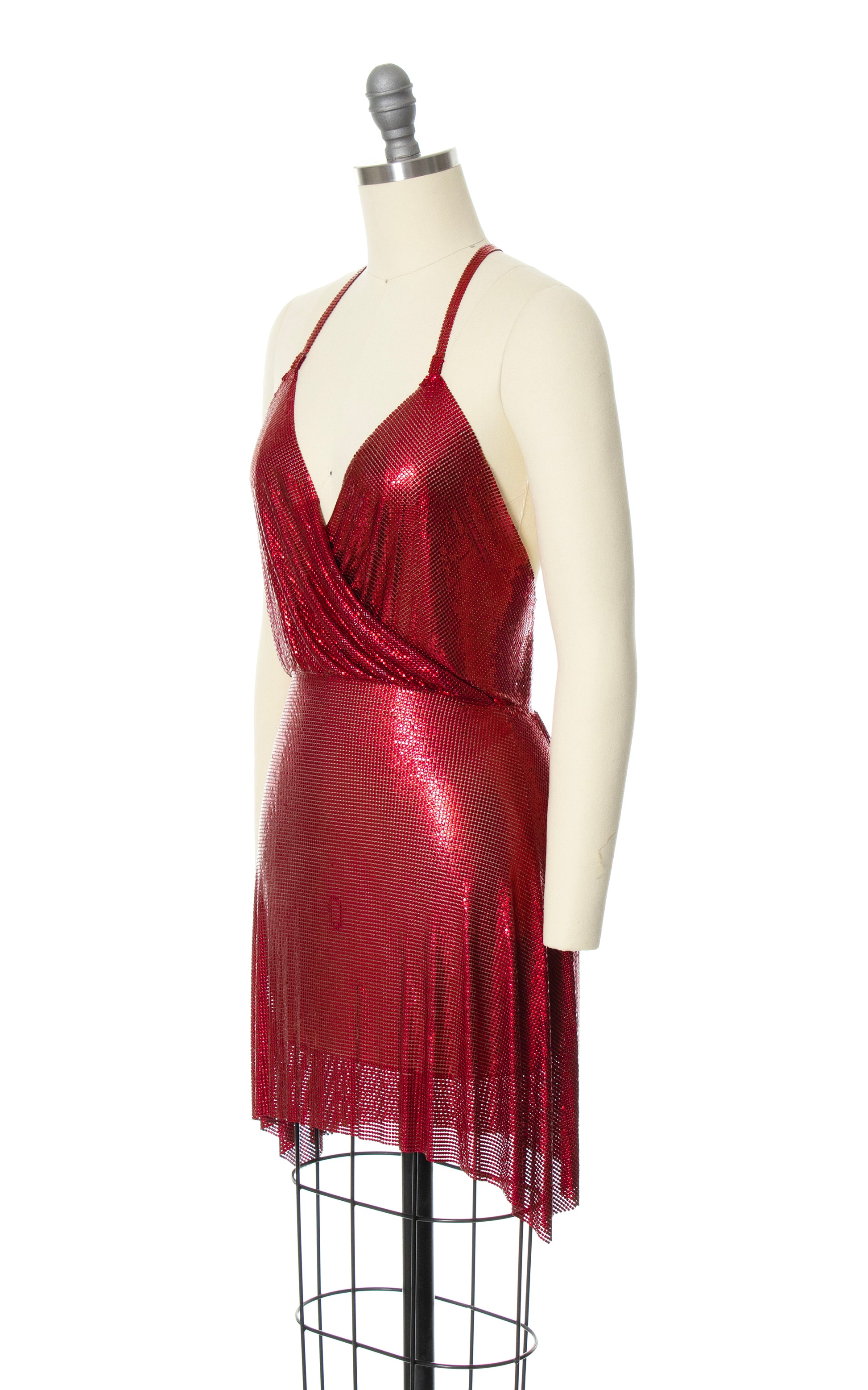 FANNIE SCHIAVONI Red Metal Mesh Mini Dress 1970s 70s Style Designer Couture