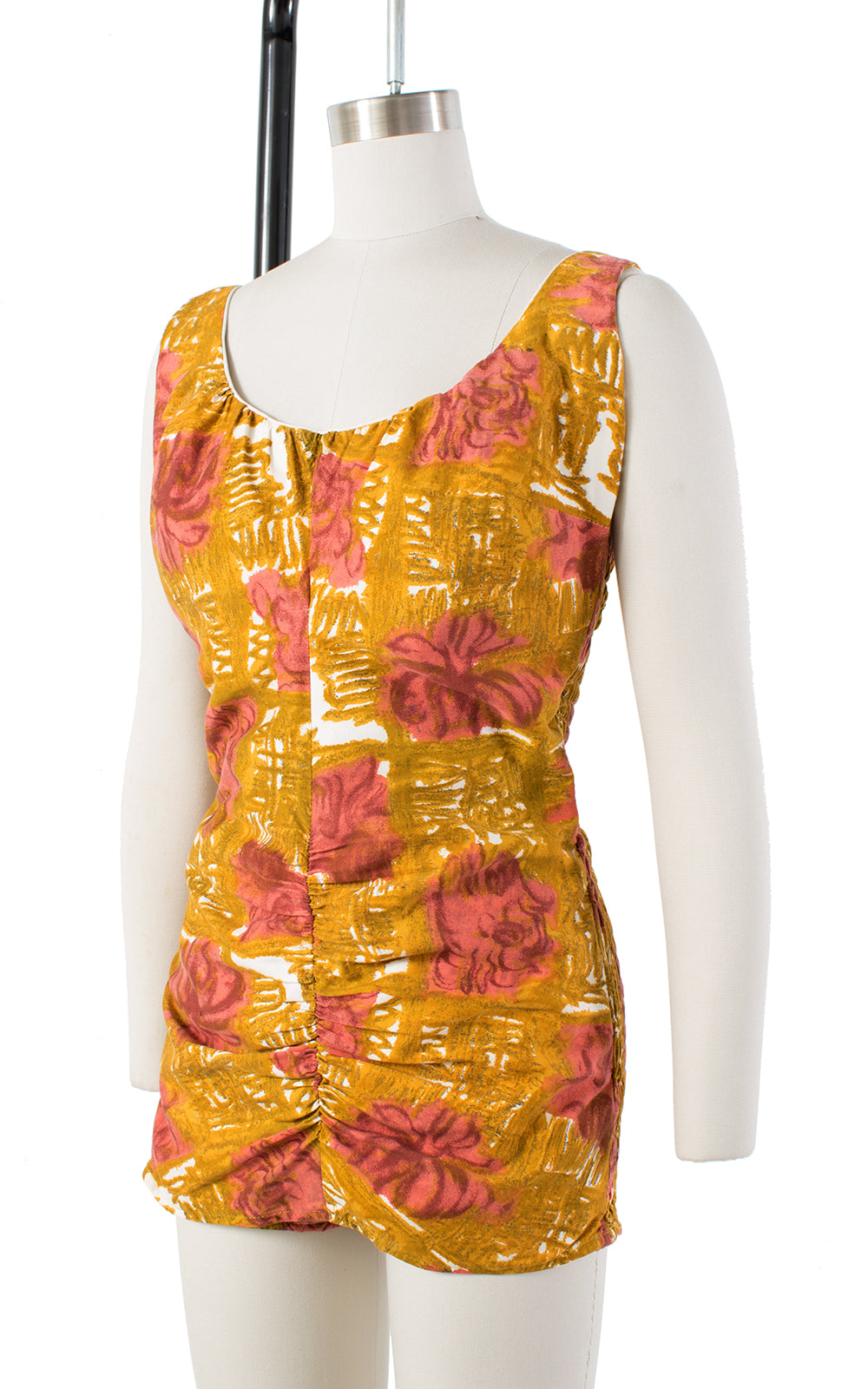 1960s Floral Ruched Smocked Mustard Yellow Swimsuit | medium/large