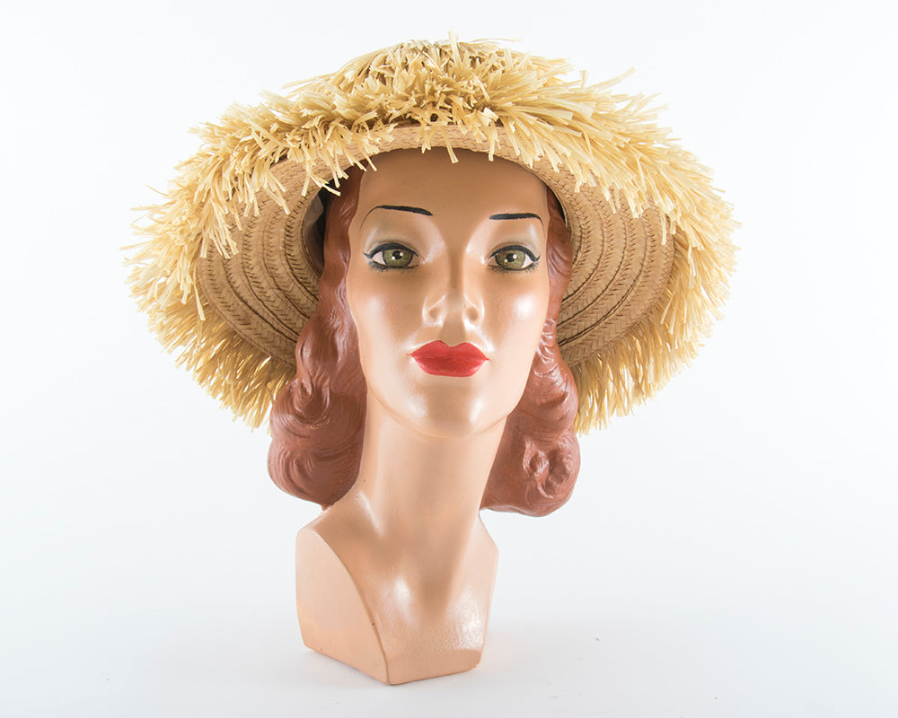 1960s Straw Fringe Beach Hat | small/medium