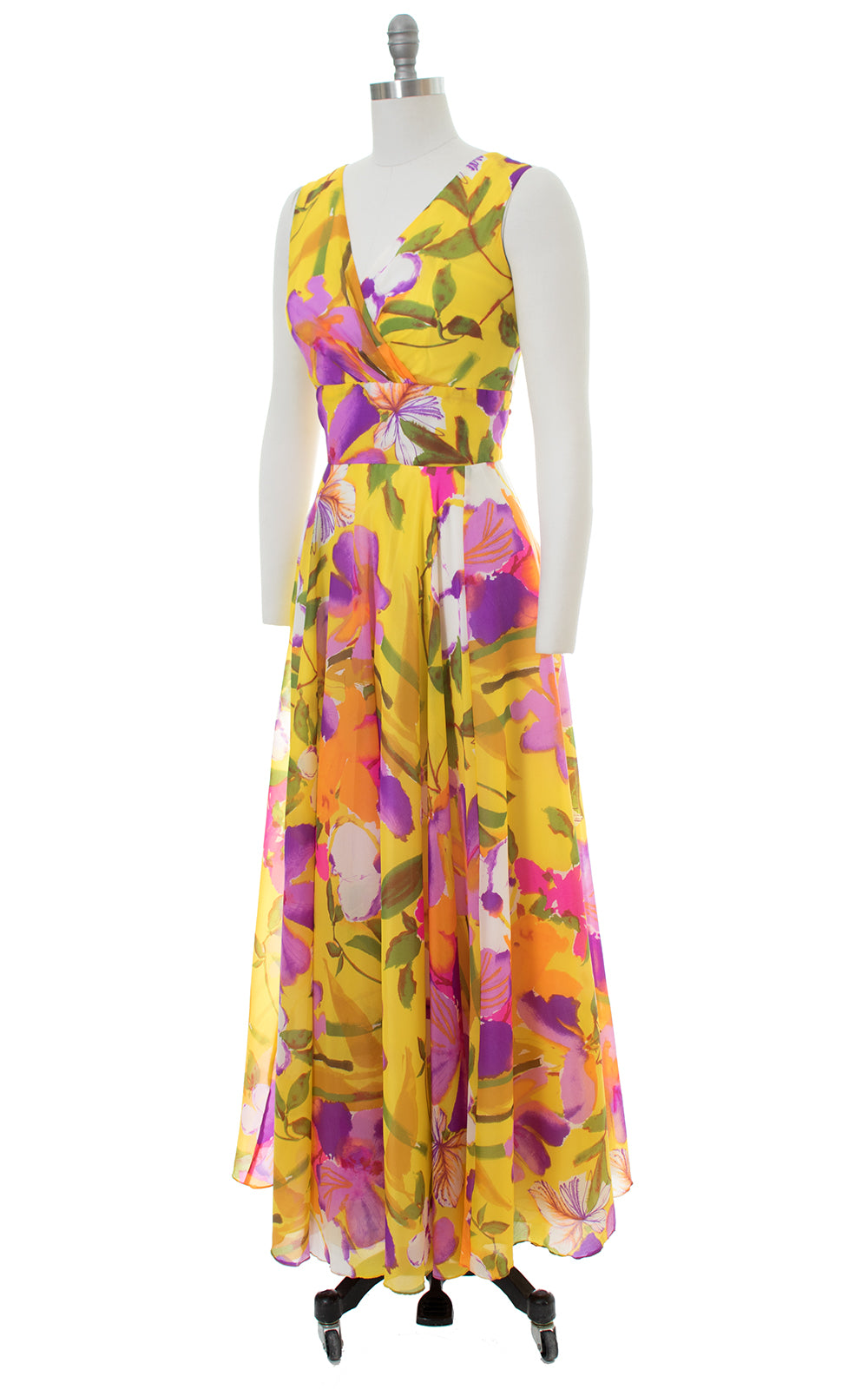 1960s Floral Chiffon Yellow Maxi Gown