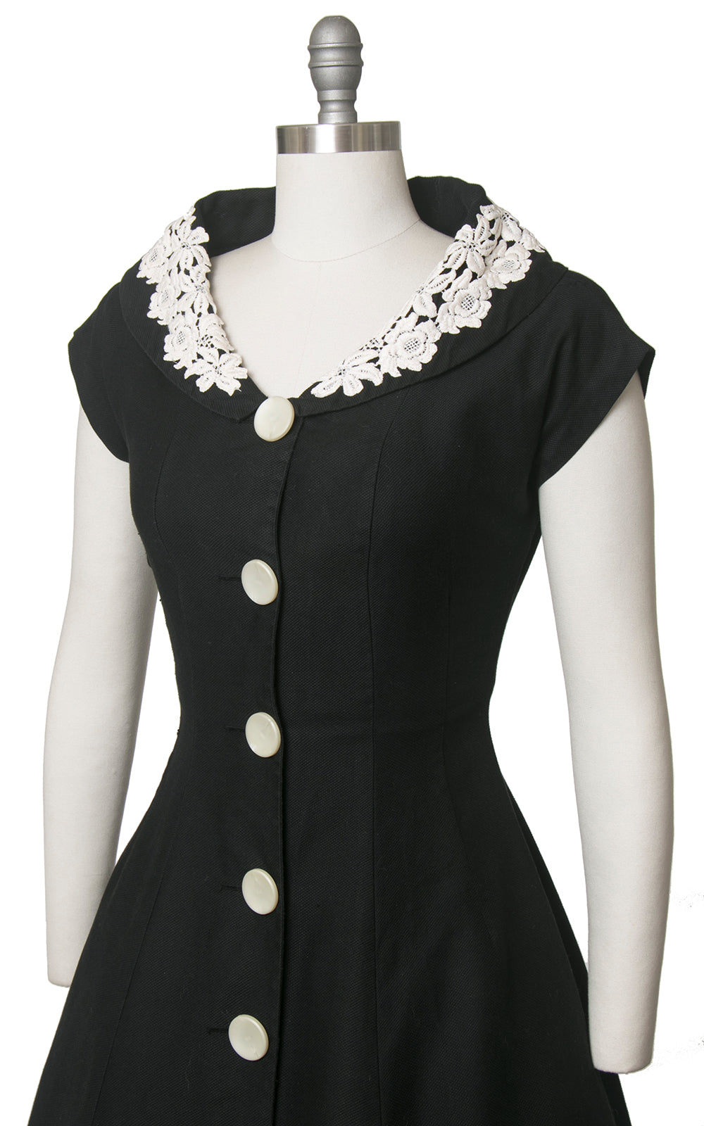1950s Lace Collar Black Cotton Button Down Shirt Dress | medium