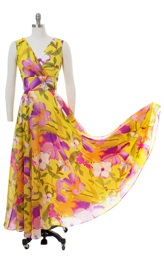 1960s Floral Chiffon Yellow Maxi Gown