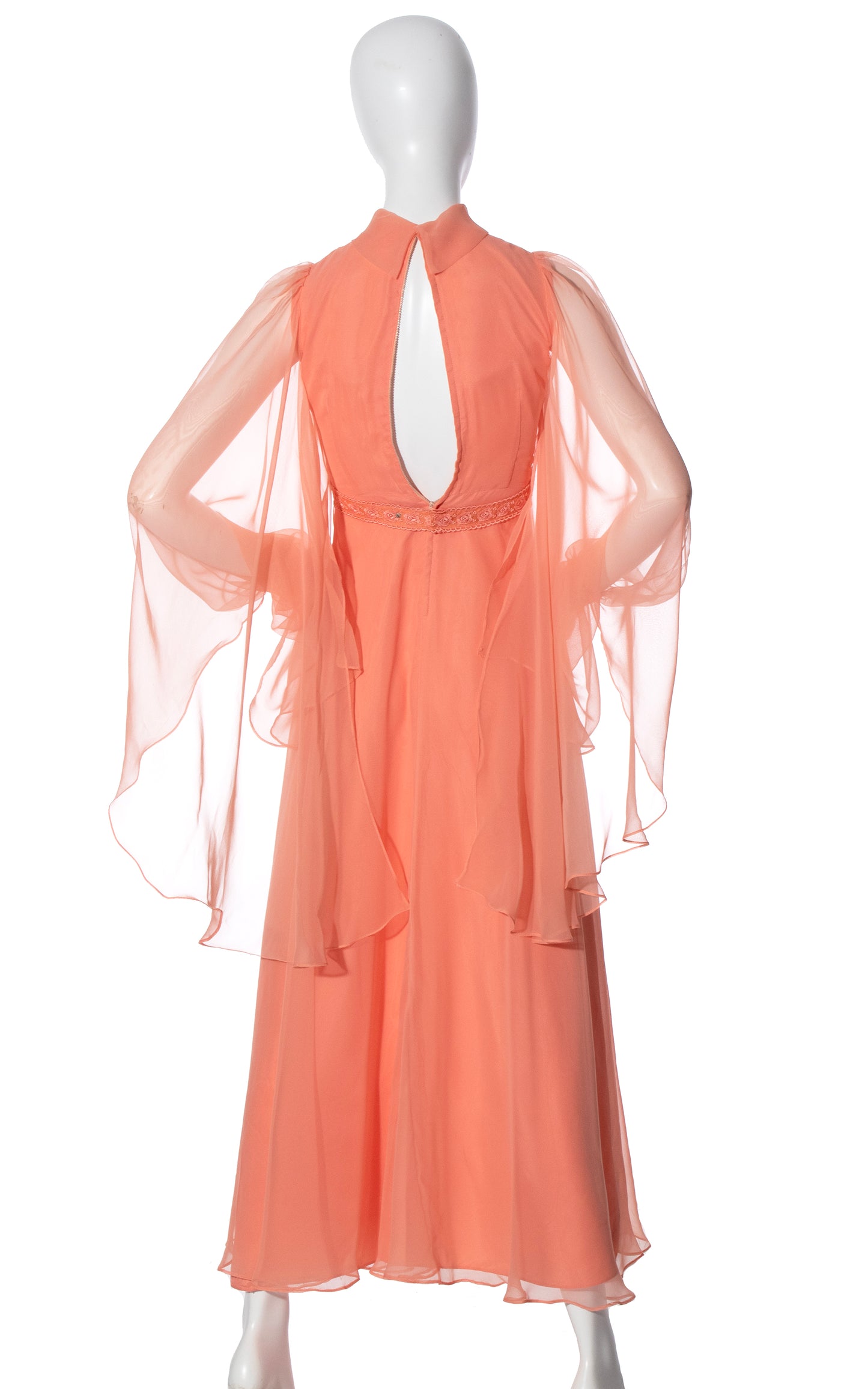 Vintage 70s 1970s Peach Chiffon Epic Sleeves Maxi Dress BirthdayLifeVintage
