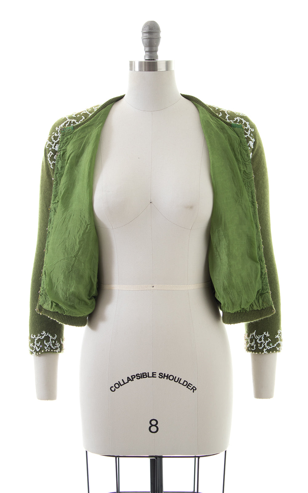 1950s Floral Beaded Green Knit Wool Cardigan