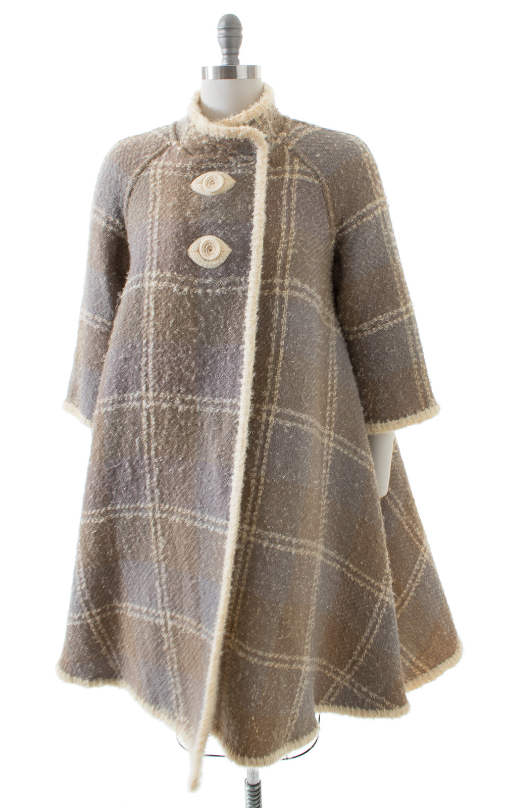 1960s Reversible Bouclé Wool Plaid & Cream Swing Coat