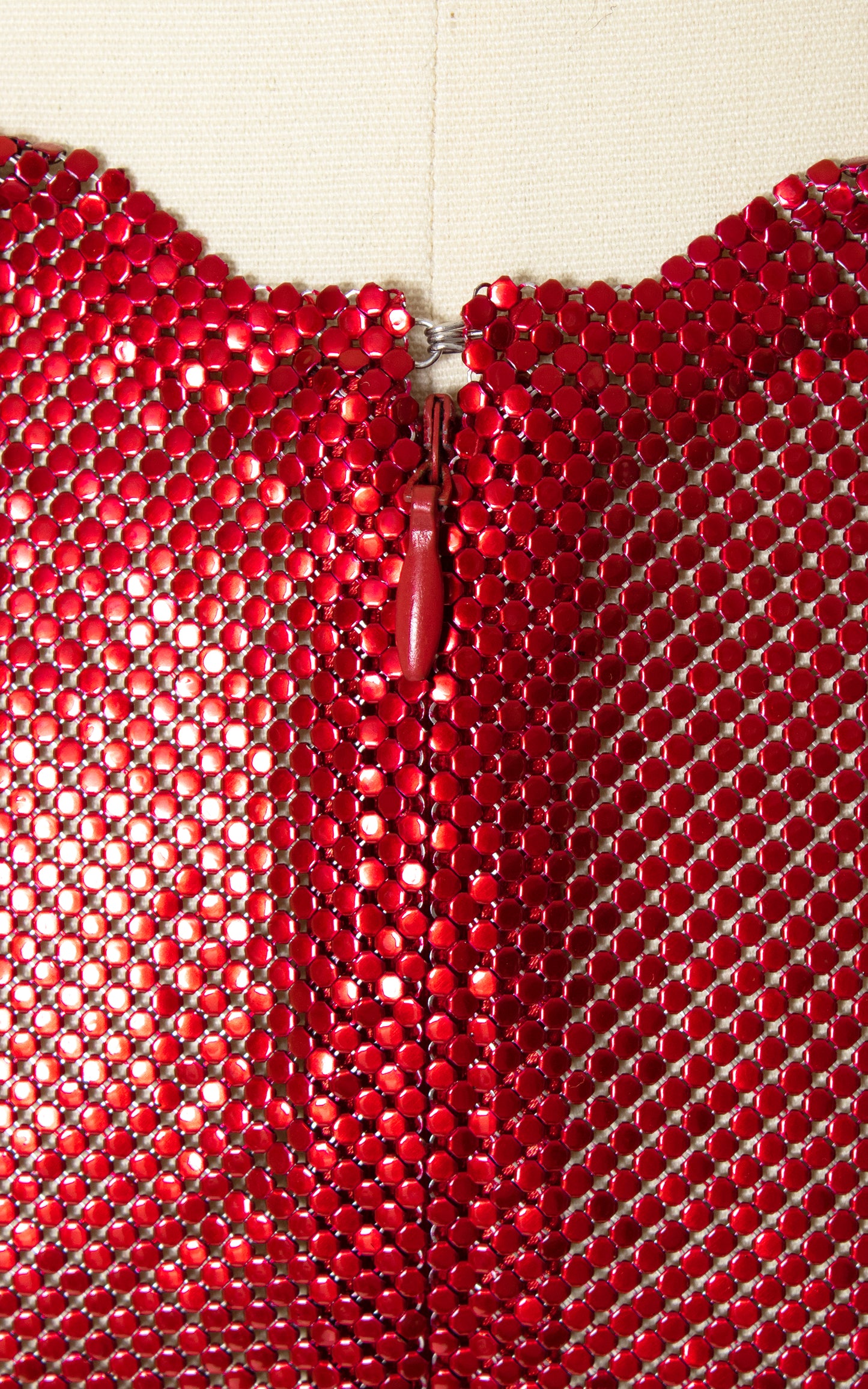 FANNIE SCHIAVONI Red Metal Mesh Mini Dress 1970s 70s Style Designer Couture