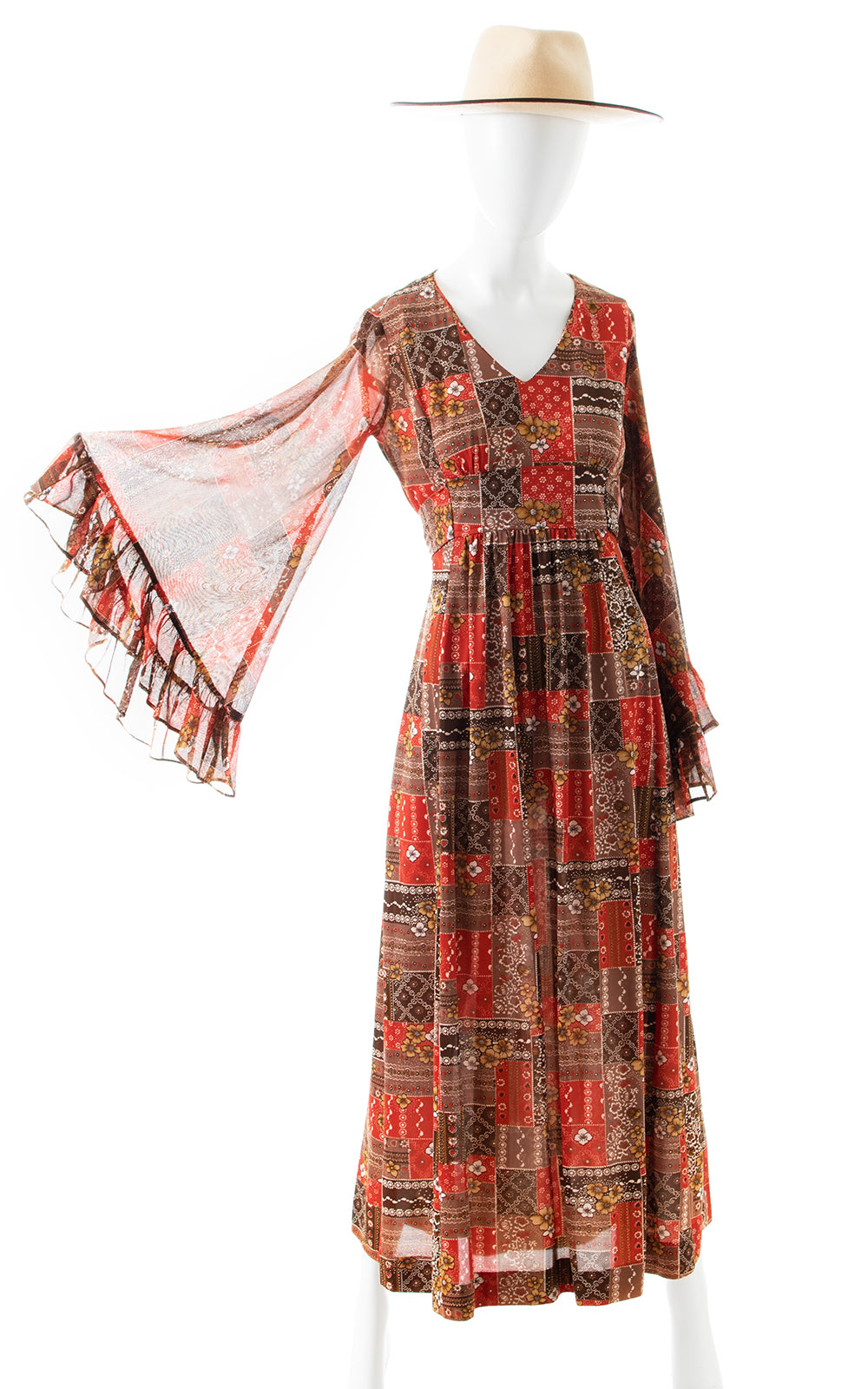 1970s Patchwork Angel Sleeve Maxi Dress | small