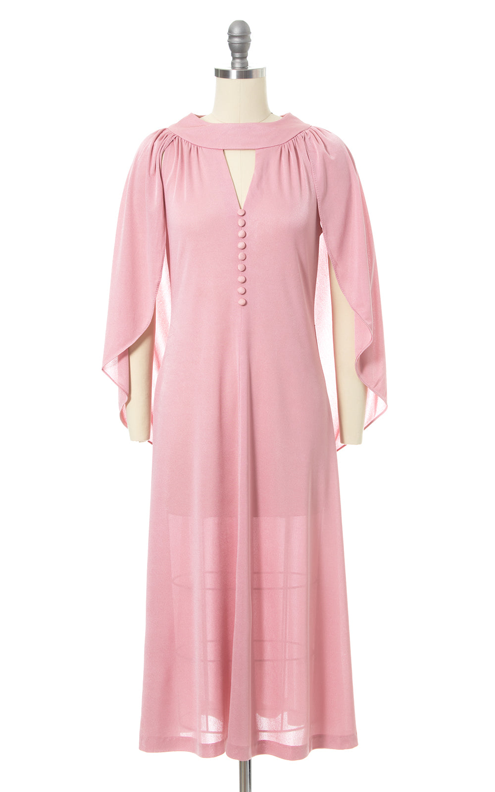 1970s Pink Jersey Knit Open Back Draped Cape Dress