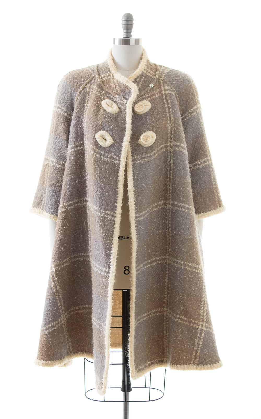 1960s Reversible Bouclé Wool Plaid & Cream Swing Coat