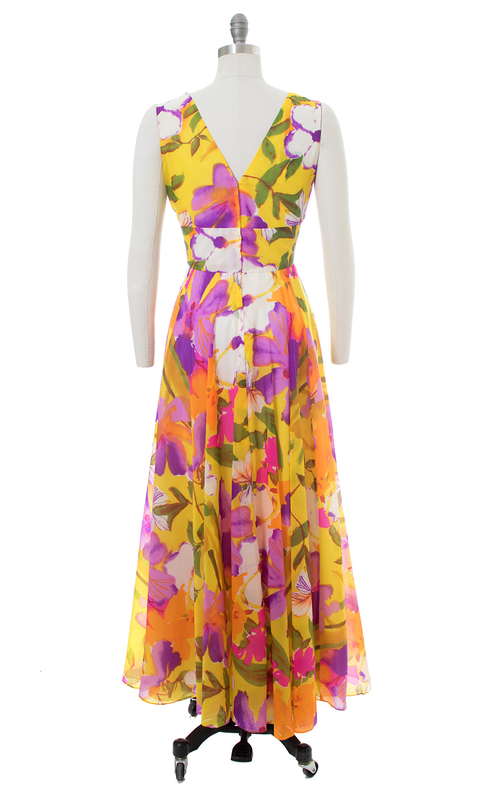 1960s Floral Chiffon Yellow Maxi Gown