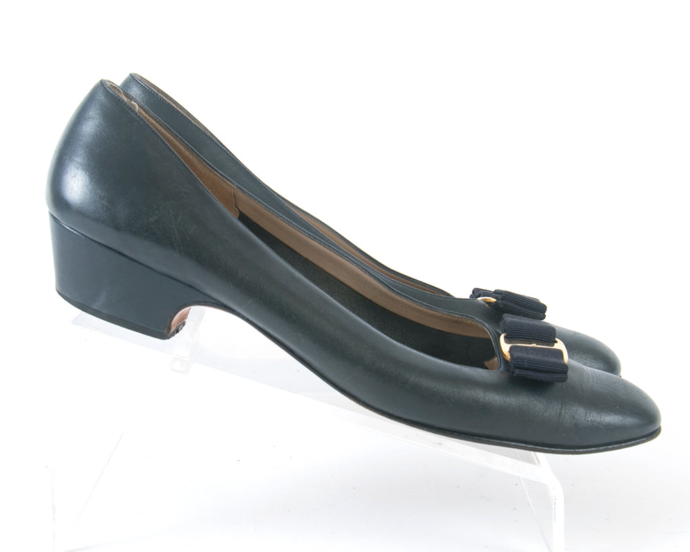 1980s Ferragamo "Vara" Navy Blue Leather Flats | size 10.5/11