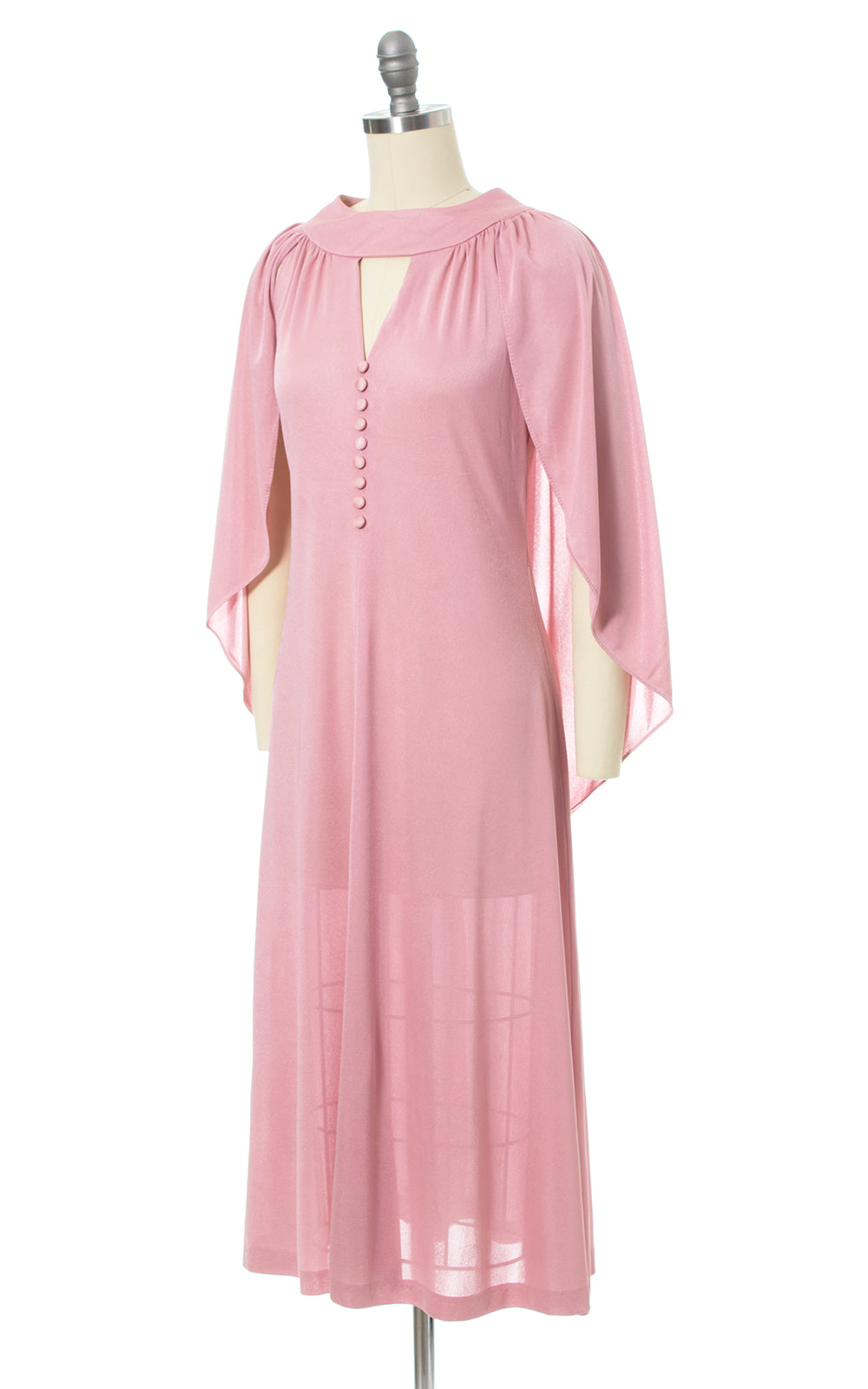 1970s Pink Jersey Knit Open Back Draped Cape Dress