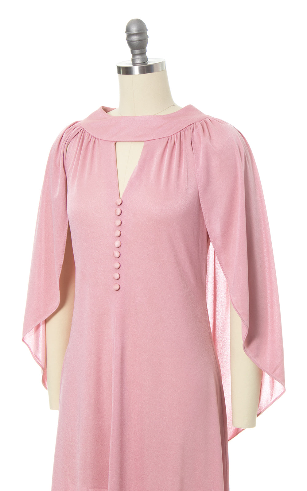 1970s Pink Jersey Knit Open Back Draped Cape Dress