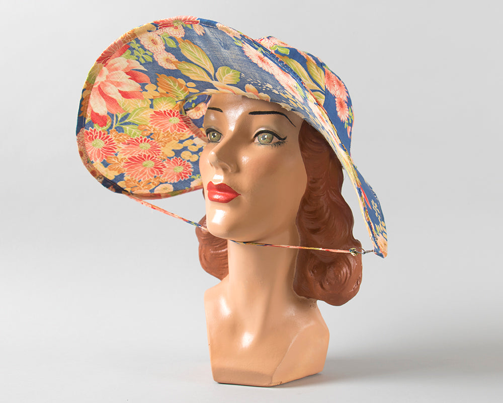 1920s Crushable / Packable Chinese Floral Cotton Sun Hat | medium/large