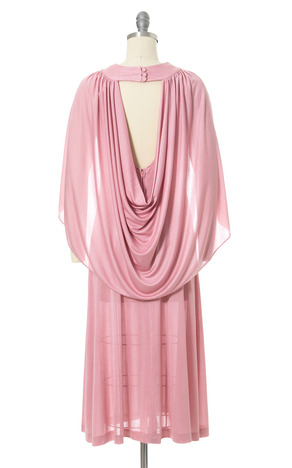 1970s Pink Jersey Knit Open Back Draped Cape Dress