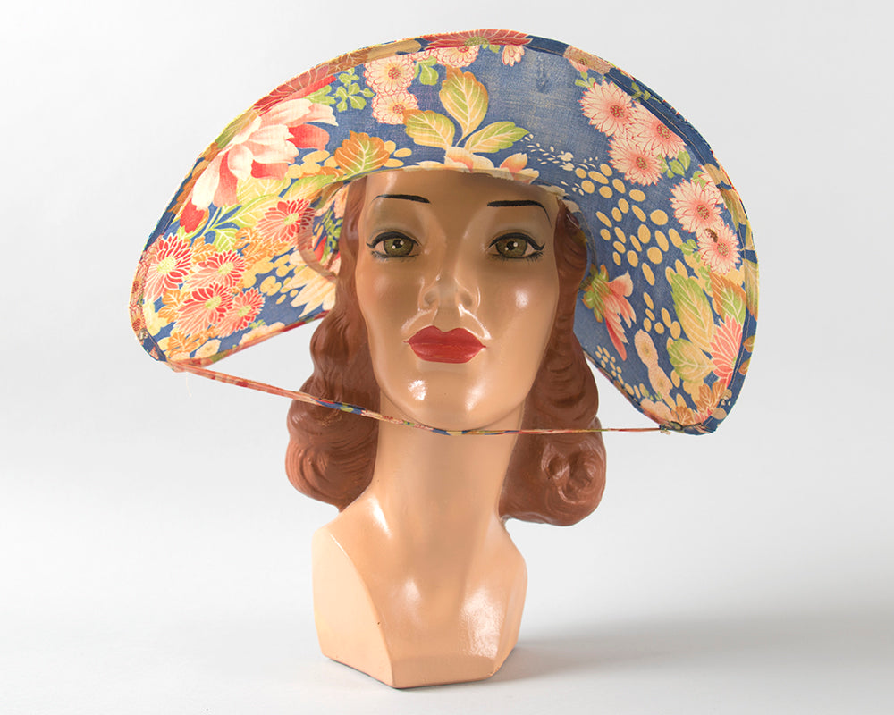 1920s Crushable / Packable Chinese Floral Cotton Sun Hat | medium/large