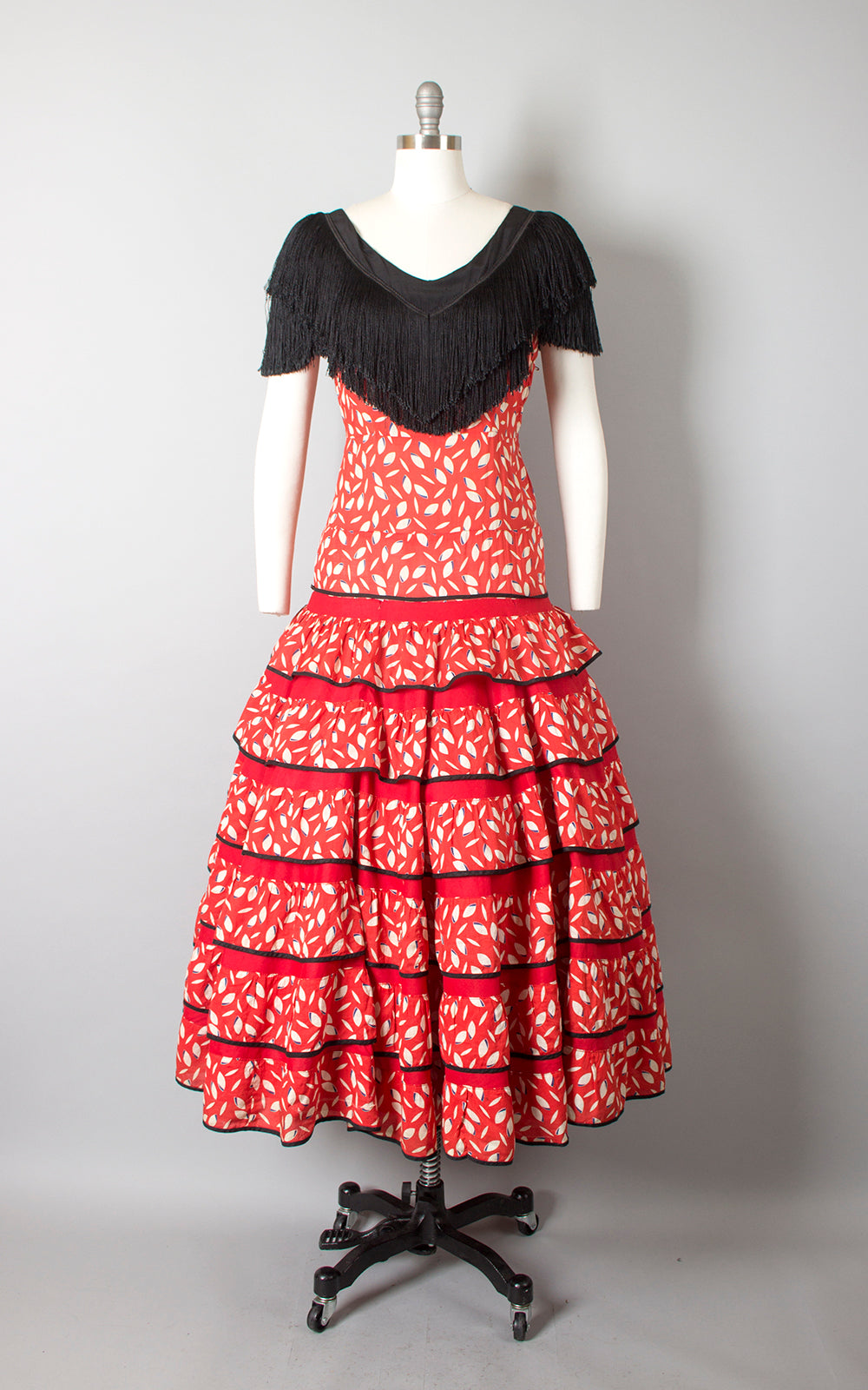 1940s Spanish Flamenco Red Fringe Tiered Circle Skirt Dress | medium