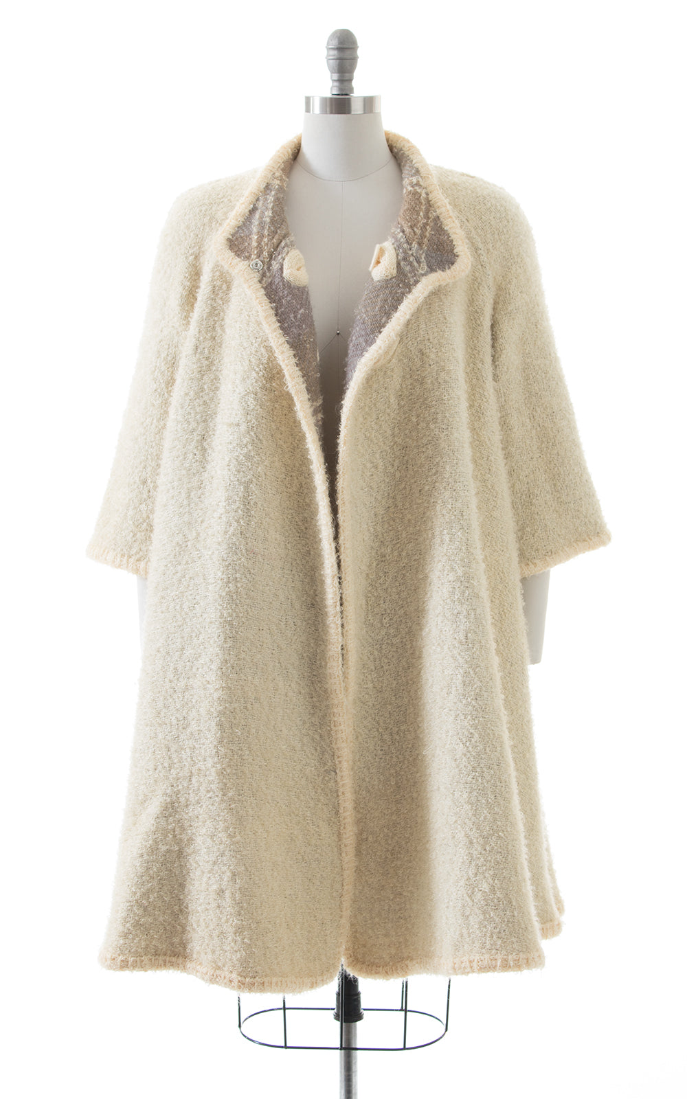 1960s Reversible Bouclé Wool Plaid & Cream Swing Coat