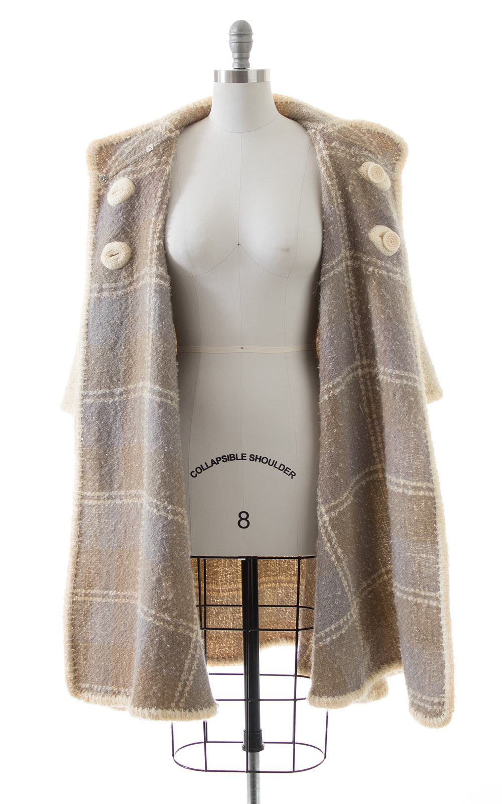 1960s Reversible Bouclé Wool Plaid & Cream Swing Coat