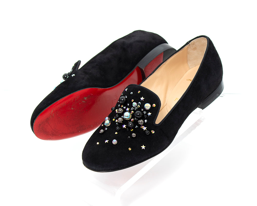 Modern CHRISTIAN LOUBOUTIN Designer Beaded Studded Black Suede Red Bottoms Loafers size European 35.5 US 5.5 Birthday Life Vintage