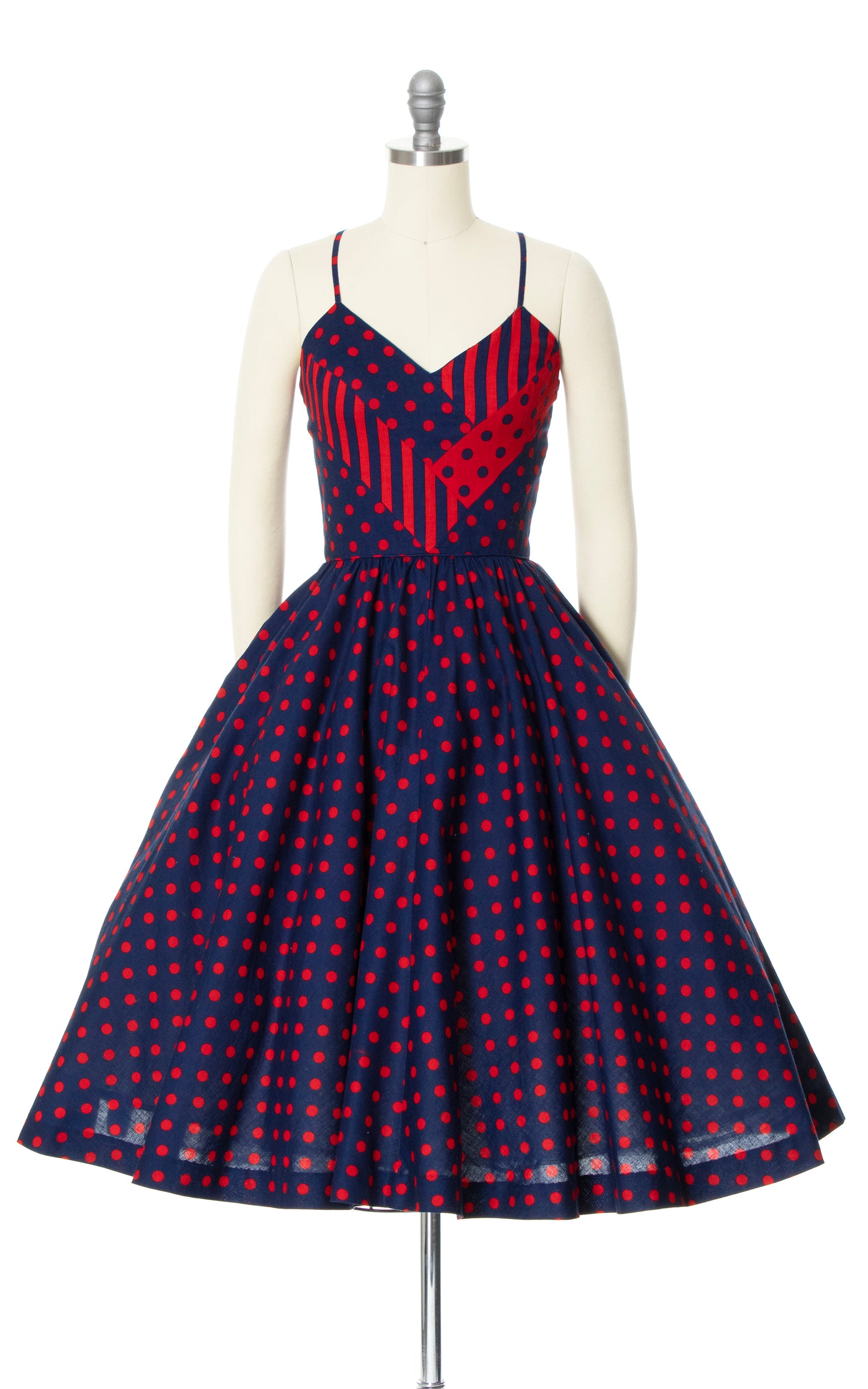 Vintage 70s 1970s Polka Dot Lace-Up Cotton Sundress Red Navy Blue Open Back BirthdayLifeVintage