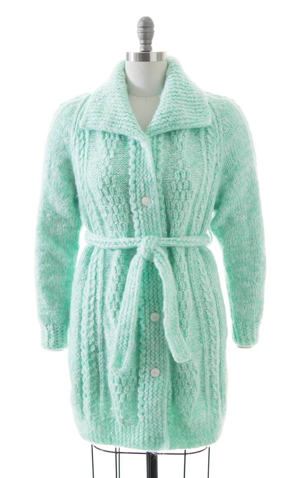 1970s Mint Chunky Knit Belted Sweater Coat