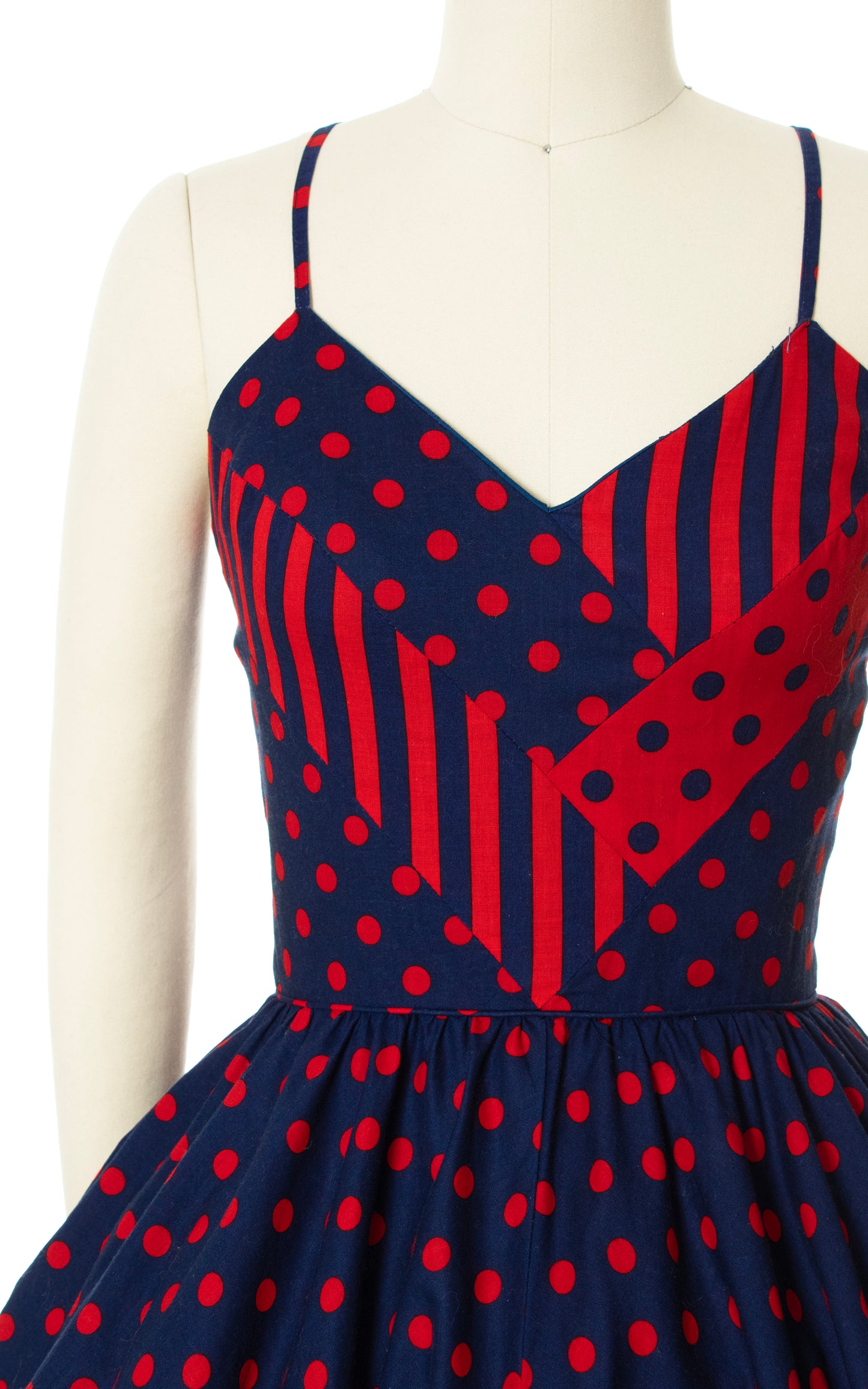 Vintage 70s 1970s Polka Dot Lace-Up Cotton Sundress Red Navy Blue Open Back BirthdayLifeVintage