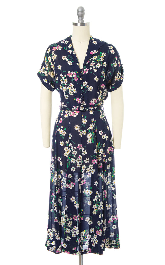 1940s Floral Navy Blue Rayon Shirtwaist Dress